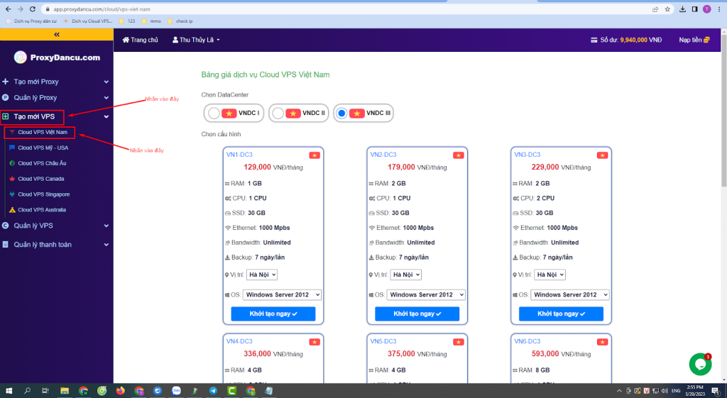 Giao diện tạo mới VPS tại proxydancu