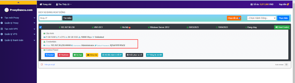Thông tin VPS Việt Nam tạo thành công