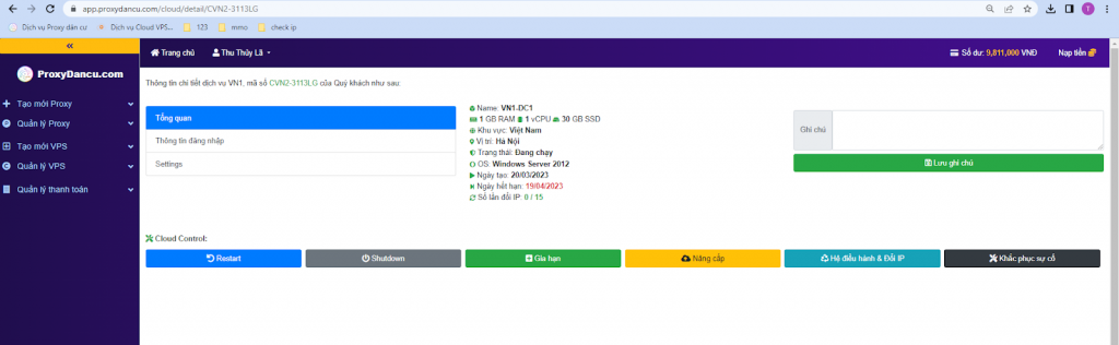 Thông tin VPS Việt Nam tạo thành công