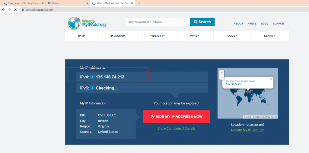 Sau khi Fake Ip Trên Trình Duyệt Chrome Bằng Proxy helper bạn có thể check ip