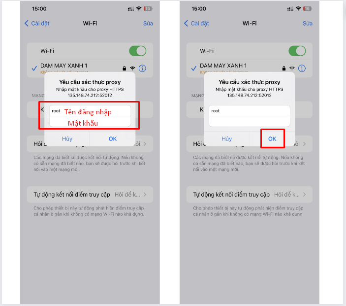 Tiếp tục nhập User name và Pass Proxy để hoàn thành bước cuối dùng Proxy trên iphone