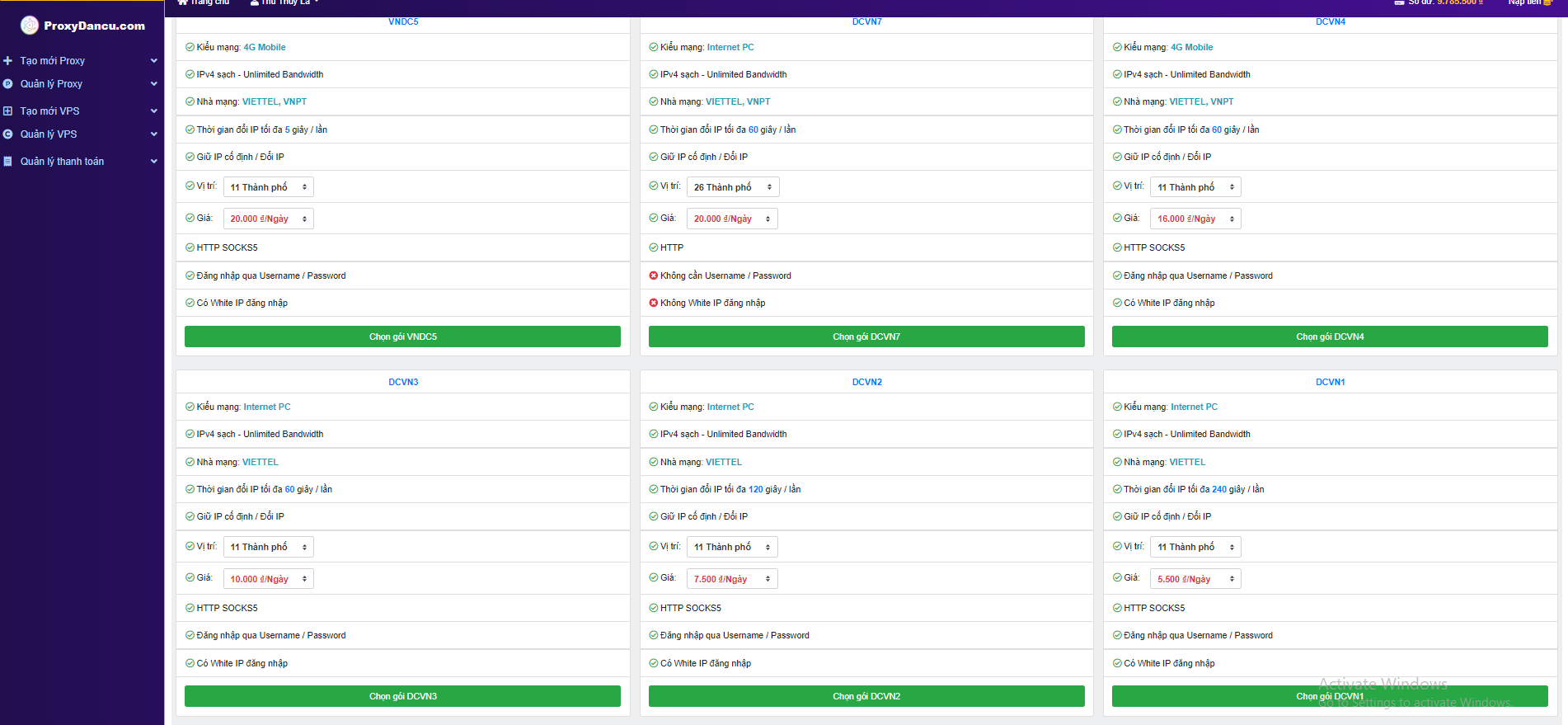 Các gói Proxy nuôi tài khoản tại Proxydancu