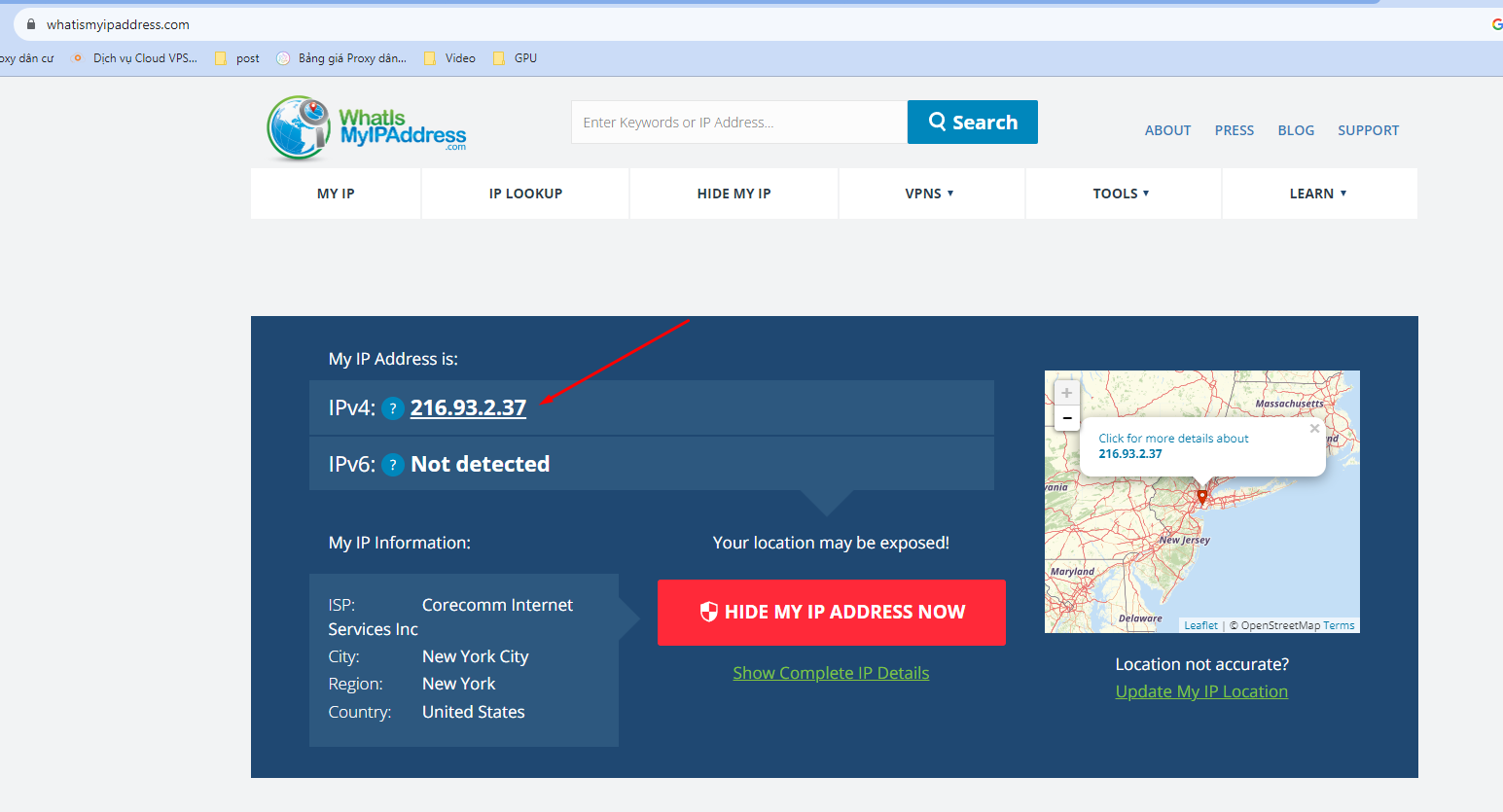 Check địa chỉ IP để biết đã add Proxy Helper Fake fake IP proxy trên chrome thành công