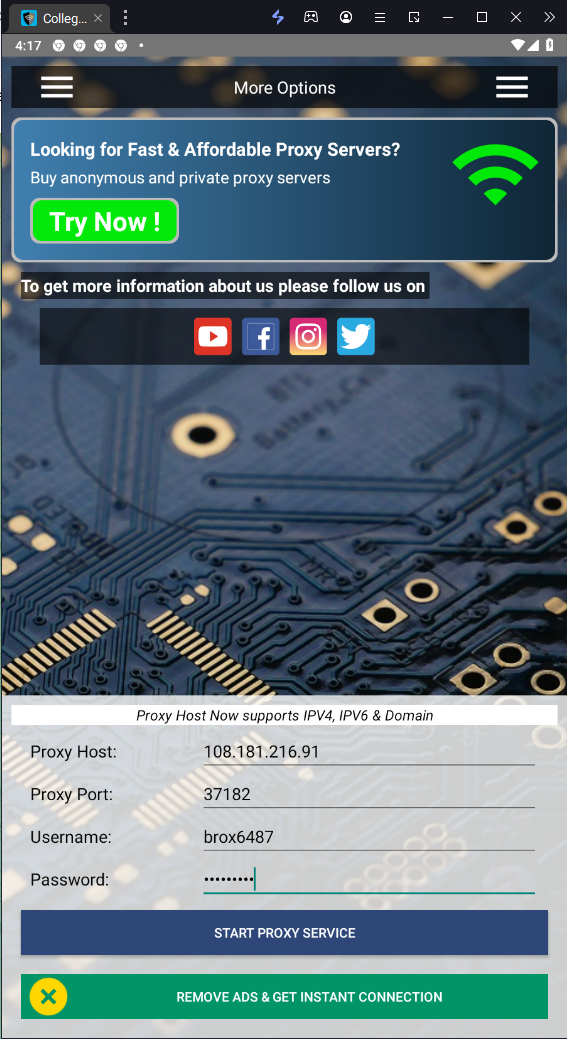 Nhập thông tin cấu hình proxy mà bạn đã nhận từ dịch vụ College Proxy