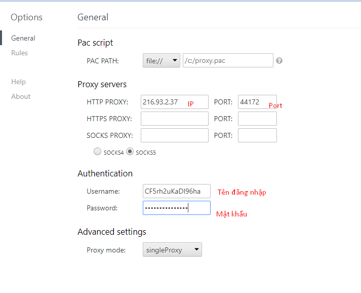 Nhập thông tin để add Proxy Helper Fake fake IP proxy trên chrome