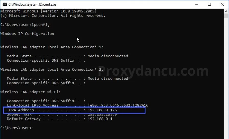 Nhập lệnh “ipconfig” để kiểm tra địa chỉ IP