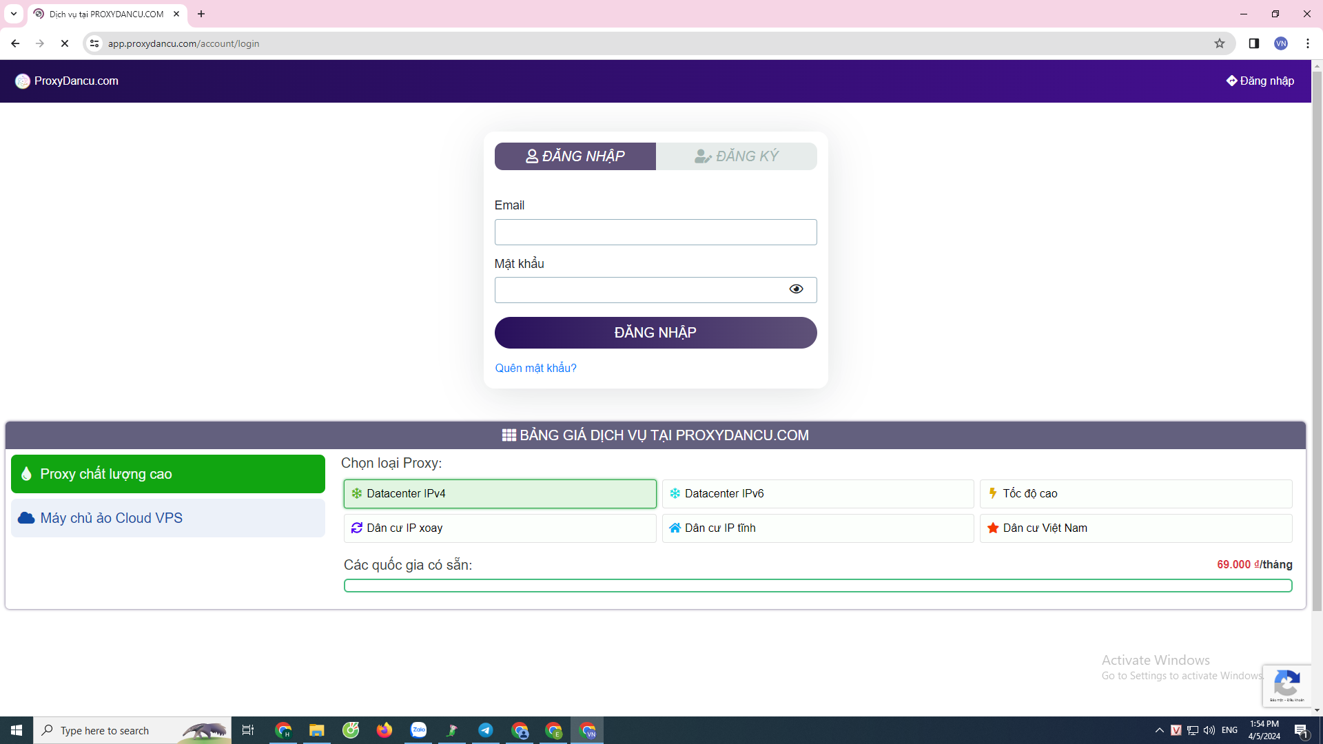 Giao diện đăng nhập vào website Proxydancu để mua Proxy dân cư Việt Nam giá tốt