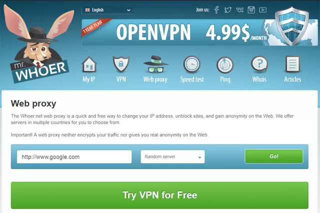 Proxy miễn phí tại Whoer.net